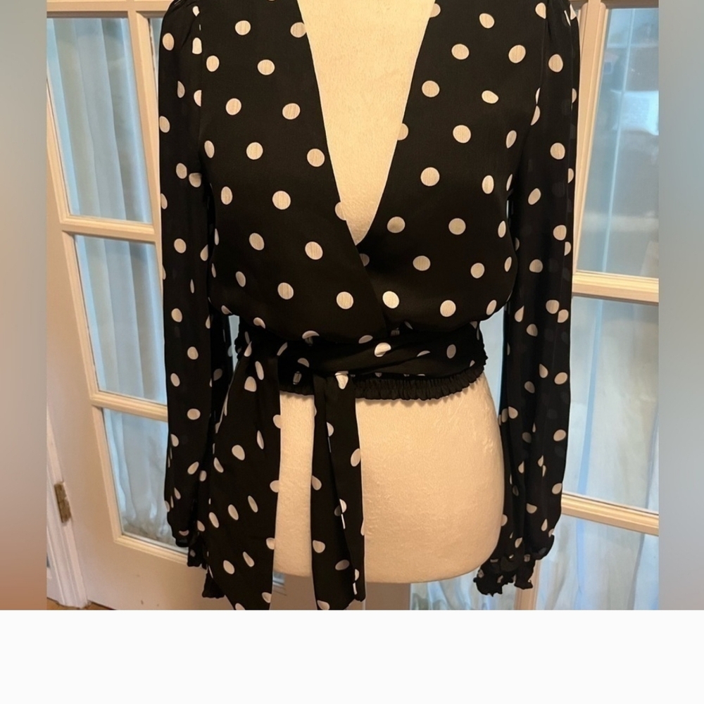 #75 Lovers + Friends Black and White Wrap Blouse with Tie Front